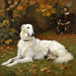 wide shot, accurate, beautiful white russian borzoi!!, laying in the autumn garden, realistic, matte painting, sargent, elegant matte painting, sharp focus, by mucha, velasquez, botticelli, rockwell