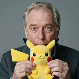 a masterpiece portrait photo of an older man eating a pikachu doll, mary elizabeth winstead symmetrical face