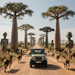 mahindra that driving through madagascar road with baobabs trees, animals running along, artgerm and greg rutkowski and alphonse mucha, an epic fantasy, volumetric light, detailed, establishing shot, an epic fantasy, trending on art station, octane render, midsommar