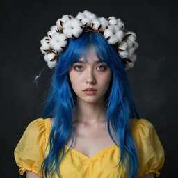goddess with blue hair, yellow dress, crown of white! cotton!!!! flowers, beautiful symmetrical face!!!, cinematic lightning, murky dusty deep smoky eyes, isolated, studio lighting, artgerm, yuri shwedoff, tom bagshaw