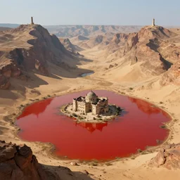 concept art of the desert valley surrounded by mountains with a small towers on top of it | red lake with a destroyed antic building in the centre | german romanticism style, hyper - realism, narrative realism, art by johfra bosschart | high details, panoramic view | trending on artstation