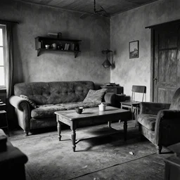 ! dream old poor living room black and white photo