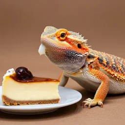 dslr portrait still of a bearded dragon eating a slice of cheesecake, 8 k 8 5 mm f 1. 4