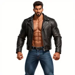 Avan Jogia as an bodybuilder. Leather jacket and jean pants. Character design by charlie bowater, ross tran, artgerm, and makoto shinkai, detailed, inked, western comic book art, 2021 award winning painting