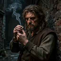Drug addict hobbit smoking crack in a dark alley, ultra realistic, concept art, intricate details, eerie, highly detailed, photorealistic, octane render, 8k, unreal engine, art by artgerm and greg rutkowski and alphonse mucha