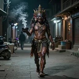nepali mythical demon Khyah, undressed, walking at night in the streets of kathmandu at night, holding a bowl emitting smoke, scary photo, eerie
