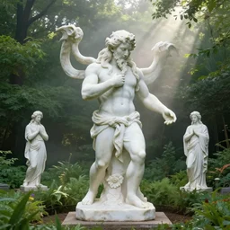 a classical marble statue of cthulhu in a lush green garden by gil elvgren and simon stalenhag and anton fadeev, mist, hyperrealism, volumetric lighting, god rays