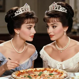 young beautiful queen margherita meets sophia loren for a pizza. the queen has intricate tiara and pearl necklace. smooth lighting, masterpiece, timeless, genious composition