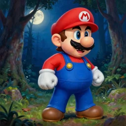 an ultra - detailed beautiful painting of waluigi from the mario bros series in a dark forest, moonlight through the trees, oil panting, high resolution 4 k, by ilya kuvshinov, greg rutkowski and makoto shinkai )