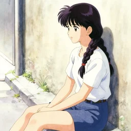 girl sitting in street. against wall. dark hair, braided. look left. anime, watercolor, akira toriyama, masterpiece, artgem
