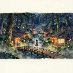 anime, incredible wide screenshot, ultrawide, watercolor, paper texture, intricate, very detailed, ghost in the shell movie scene, girl in a dress walking the beautiful forest town, lanterns, wood bridges, night outdoors, fireflies, fog, dust