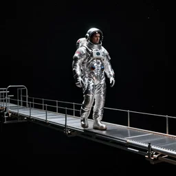 mysterious man in silver space suit, walking on a small industrial catwalk, floating in the darkness of space, with a black background, photograph, wide angle, long shot