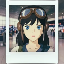 a polaroid full body portrait of a 1 9 5 0's aviator disney style girl, blue eyes, finely detailed features, closeup at the faces, perfect art, in the airport yard, gapmoe yandere grimdark, trending on pixiv fanbox, painted by greg rutkowski makoto shinkai takashi takeuchi studio ghibli, akihiko yoshida,