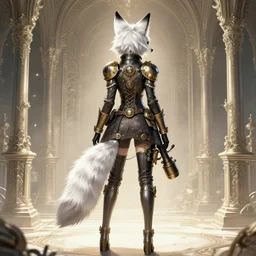 the full body of anthropomorphic lynx fursona from behind wearing a steampunk suit as unimaginably beautiful, gorgeous, elegant, young woman with lynx head, an ultrafine hyperdetailed illustration by furaffinity, intricate linework, white fur, unreal engine 5 highly rendered, global illumination, radiant light, detailed and intricate environment