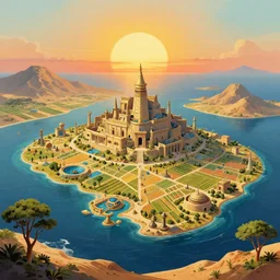 the glory of old atlantis, which is an island in the middle of the Atlantic the size of Libya, with hills, mountains, a sun setting, fields being worked, oceans in the background, many tall trees, and a bit of desert in the scene. The civilization of atlantis has developed ancient advanced technologies such as mining, farming and medicine, in a surreal, abstract style -8