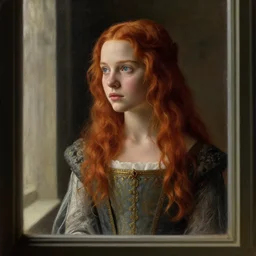 a window - lit realistic portrait painting of a thoughtful girl resembling a young, shy, redheaded alicia vikander or millie bobby brown as an ornately dressed princess from the latest star wars movie, highly detailed, intricate, by leonardo davinci and boticelli