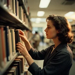 a 3 5 mm photo of a woman choosing a book from a library shelf on a college campus in the 1 9 5 0 s, bokeh, canon 5 0 mm, cinematic lighting, dramatic, film, photography, golden hour, depth of field, award - winning, 3 5 mm film grain, retro, film, kodachrome, closeup
