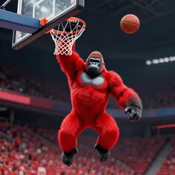 A gorilla wearing a red suit dunking a ball into a hoop, digital art