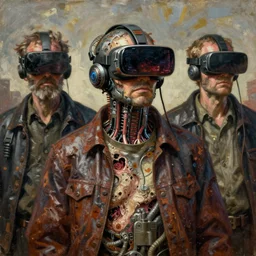 old junky men with cybertronic gadgets and vr helmet, durty colours, rotten textures, rusty shapes, acid screen embed in flesh, biotechnology, tim hildebrandt, wayne barlowe, bruce pennington, donato giancola, larry elmore, oil on canvas, masterpiece, trending on artstation, featured on pixiv, cinematic composition, sharp, details, hyper - detailed, hd, hdr, 4 k, 8 k
