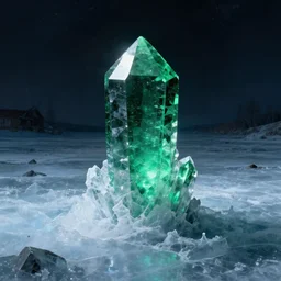 ominous emerald crystal emerging from ice, at night, by frederic church, by kent monkman, by caspar david friedrich