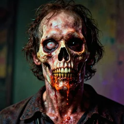 cinematic colorful horror artwork by bernie wrightson, beksinski, mark brooks ; real life long shot perfectly centered portrait of ugly scary terrifying rotten man with one eye socket missing, half jaw hanging down, melting pus skin skull ; 8 k hdr, dramatic lighting, insanely detailed