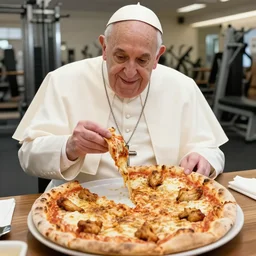 pope francis eating pizza and chicken at the gym, 4 k