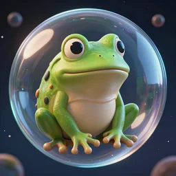 medium close - up shot of a very cute alien frog sitting inside a giant glass sphere floating through space, concept art, by esao andrews, by m. w. kaluta, by pixar, volumetric light, rich colors, very humorous!!!, realistic reflections, smooth, depth perception, tilt shift, 4 k, unreal engine 5, artstation