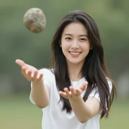 attractive woman throwing a rock at the camera