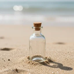 a still life of a glass bottle in the sand, 55mm lens, bokeh