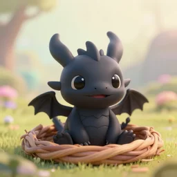 a portrait of a cute happy adorable tiny black chibi dragon in a nest, black eyes, artstation, by magali villeneuve, depth of field, beautiful lighting, pastel colors, bokeh, fantasy art