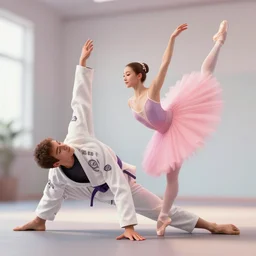 a jiu jitsu athlete and a ballet dancer doing an extreme stretch choreography, dance photography, pastel colors palette, 3 d scan, high detail, zoom in, foreshortening, natural light