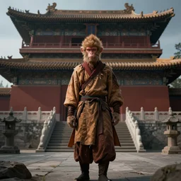 a monkey dressed as a shaolin monk, standing in front of an ancient chinese palace, cinematic, dramatic lighting, digital art, artstation, greg rutkowski