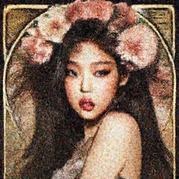a portrait of a  very seductive Jennie Kim Blackpink, hair full of flowers, photoillustration, realistic, closeup, facing the camera, dramatic lighting, in the style of WLOP and  Alphonse Mucha and Kim Deuk-sin