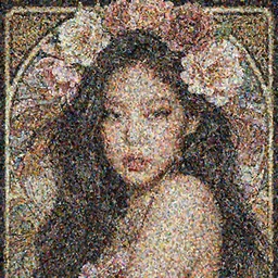 a portrait of a  very seductive Jennie Kim Blackpink, hair full of flowers, photoillustration, realistic, closeup, facing the camera, dramatic lighting, in the style of WLOP and  Alphonse Mucha and Kim Deuk-sin