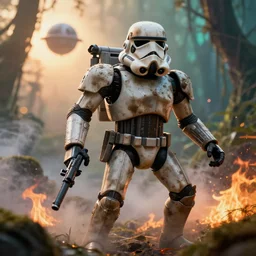 a telephoto macro potrait of star wars imperial dirty muddy heavy stormtrooper robot on patrol through iridescent jungle, smoke, fire, volumetric lighting, deathstar, battle action pose, rim lighting, sunrise, thomas kinkade, ralph mcquarrie, greg rutkowski, octane, 8 k