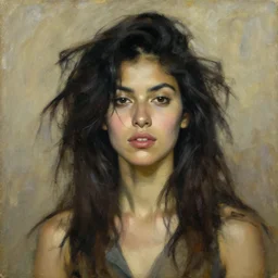 a stunning masterful portrait of a confident colombian woman with messy hair by andrew wyeth, john singer sargent, and norman rockwell, natural light, oil painting, ethereal, wong kar wai, strong brushwork