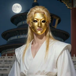 portrait of blonde male as adam, white clothes, gold mask, in the temple of heaven, moon light, sci - fi and fantasy, intricate and very very beautiful and elegant, highly detailed, digital painting, artstation, concept art, smooth and sharp focus, illustration, art by tian zi and wlop and alphonse mucha