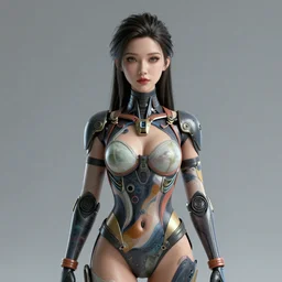 Epic cinematic portrait of a very beautiful dollpunk female wearing Abstract bodysuit, focus, realistic eyes, symmetric body features proportions, golden ratio, ultra intricate details, award winning, unreal render, by Tom Bagshaw