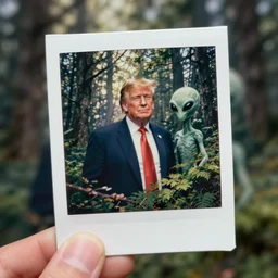 A blurry Polaroid photograph of Donald trump with an alien in the forest