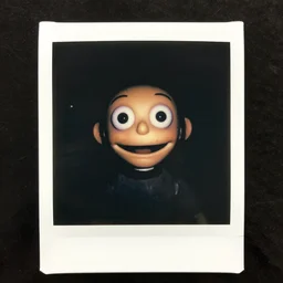 an eerie polaroid photograph of a scary evil horrifying ventriloquist dummy in the backrooms staring at you with large scary eyes and smiling, nighttime, dimly lit, creepy hd 4k