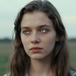 portrait of a beautiful young lady with silver eyes, film still of Tarkovsky