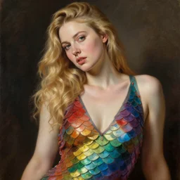 blonde seductive saoirse ronan, wearing rainbow scales, oil painting by titian, hard focus