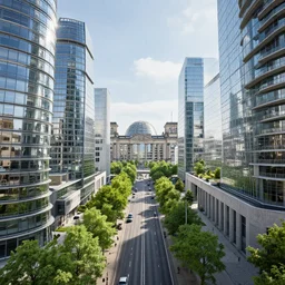 futuristic berlin with glass dome towers, concrete constructions, green alley, trees, place, glass buildings, reichstag building, highways, roads, crowded city, hyperdetailed, artstation, cgsociety, 8 k