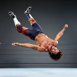 Macho Man Randy Savage performing elbow drop from space. Wide angle. Low perspective. High Quality, 4k