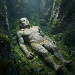 The ancient corpse of a fallen stone titan within a deep and lush valley, Greg Rutkowski, dramatic lighting, overhead, beautiful lighting, stone colossus remains