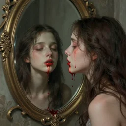 lucid dreaming of a faceless girl bleeding into a mirror, intricate, art by greg rutkowski, high detailed, 4 k,