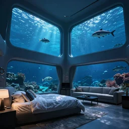 interior architecture of a large underwater room, bed, sofa, one large room, very tall ceilings, huge windows with sea creatures floating by, modernist, blue lighting