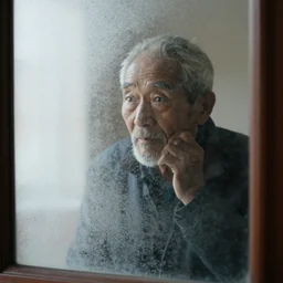 an old man looking through frosted glass / mirror