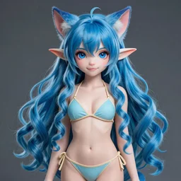 studio photographic vibrant of a extremely beautiful young cat girl and elves hybrid, symmetrical, long blue wavy hair, sharp focus on the eyes, long shot, bikini, final fantasy, details, intricate, octane render, smooth face, illustration, hyperrealistic, by wlop and dmitry prozorov, artgerm, artstation, award winning,