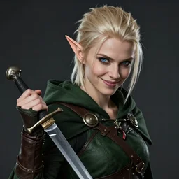 action shot. cute but dangerous female halfling thief. crooked, cocky smirk. darkgreen hodded cloak.. long dagger. slicked gelled back short butch hairstyle. paleblonde hair, fair complexion, icy blue eyes. face like amber heard, angular, feminine, pretty, mischievous. young ectomorphic fit. green & brown leather armor. cinematic realism. studio
